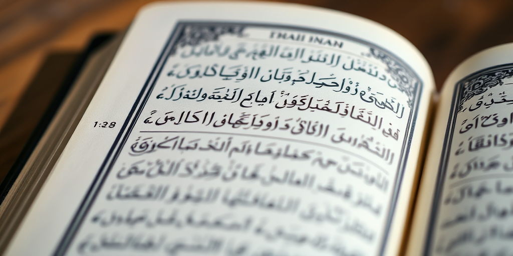Close-up shot of an open Quran with intricate Arabic calligraphy, soft natural lighting, macro lens, aperture f/2.8, ISO 100, 50mm focal length, focus on text details to enhance clarity.