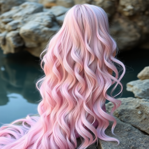 Pastel pink mermaid waves flowing down to the waist, soft and ethereal styling with subtle silver undertones, creating a dreamy and romantic aesthetic
