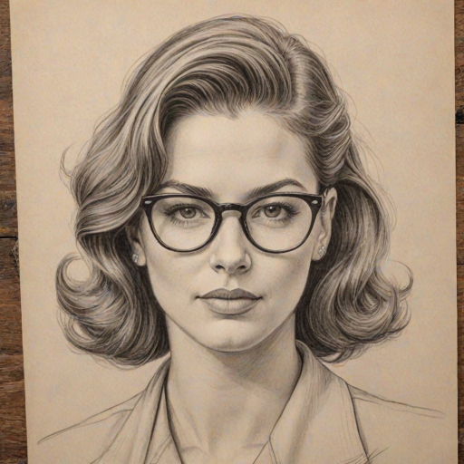 Sublime Sandy Bullock, pencil sketch, portrait of Comely woman 1939s in glasses, hair style beatnik, outline, clear lines, fine lines, 8k
