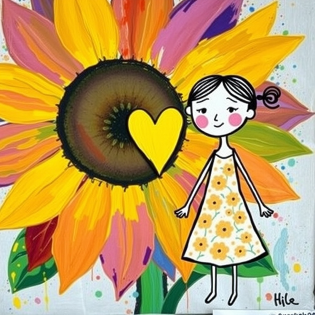 Stylized impressionism painting of a large sunflower with an oversized center and colorful petals. Beside, a young female character with eyes represented by dots and a mouth by a line, pink cheeks, hair attached, arms and legs a black line, flowery white dress triangle shape. A yellow heart surrounded by a black line between the two. Textured background with touches of colorful paint. Childish style.