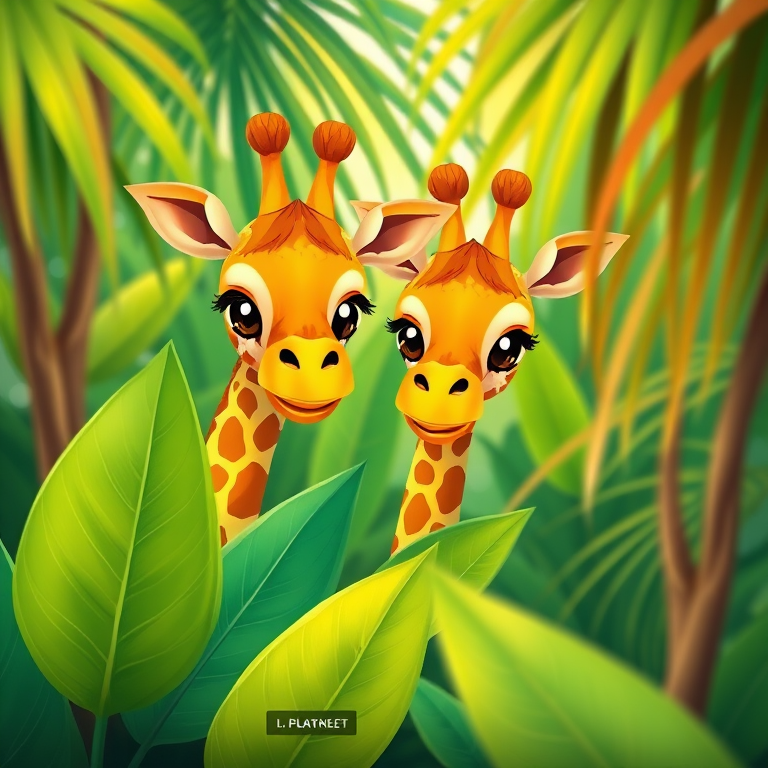 create a vibrant illustration of two cartoon giraffes peeking through lush green tropical leaves, using a Canon EOS R5 with an 85mm f/1.2 lens, aperture set to f/2.8, ISO 100, and a soft focus style to enhance depth and color richness
