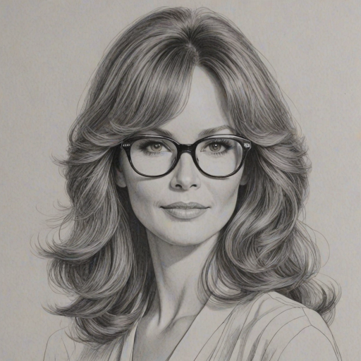 Wonderful Jaclyn Smith, pencil sketch, portrait of Wonderful woman 1969s in glasses, hair style beatnik, outline, clear lines, fine lines, 8k