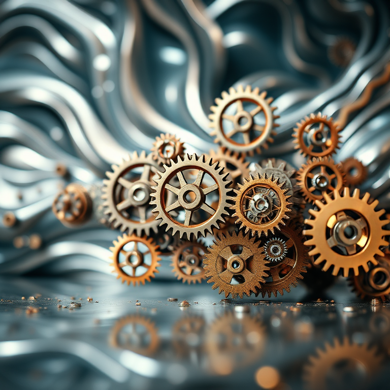 Generate an abstract mechanical scene featuring intricate gears in a dynamic arrangement, set against a fluid metallic backdrop, photographed with a DSLR camera at f/8 aperture, ISO 100, 1/200 second shutter speed, using a wide-angle lens to capture depth and detail.