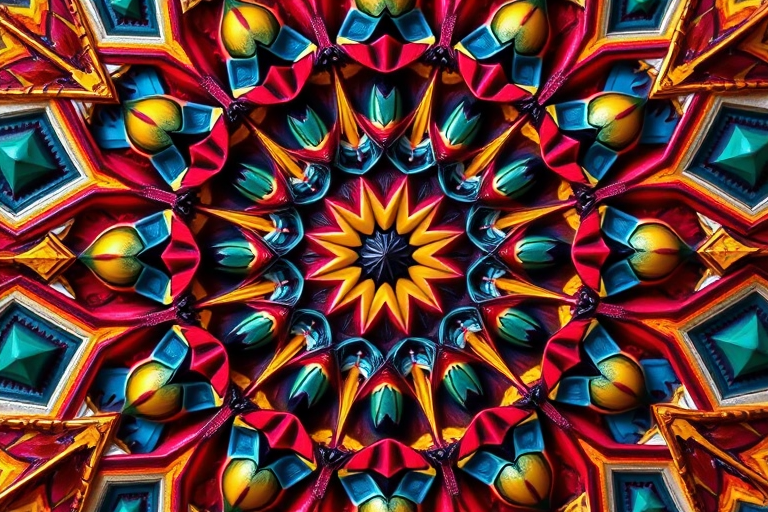 Create an intricate and detailed geometric pattern with vibrant colors and sharp contrasts, shot with a DSLR camera at f/8 aperture, ISO 100, 1/250s shutter speed, top-down view, and using a macro lens to enhance texture and clarity.