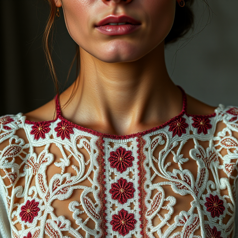 Face, shoulders, chest covered in openwork Coptic embroidery. Raw, unedited image.