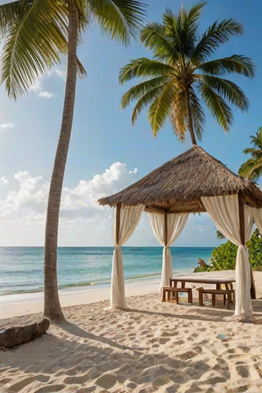 Create a picturesque tropical beach scene featuring a serene, white sandy shore. In the foreground, there's a rustic wooden canopy with white drapes gently flowing in the breeze. Underneath the canopy, a table is set with tropical decor, evoking a sense of relaxation and leisure. The beach extends into a calm, shallow water area with reflections of the sky and surroundings. Palm trees and lush greenery line the edge of the beach, providing a natural, tropical backdrop. The sky is clear with a few scattered clouds, and the overall atmosphere is tranquil and inviting, perfect for a peaceful retreat.