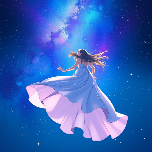 Create a high-resolution digital illustration of a floating figure in a flowing dress under a cosmic sky, using vibrant blues and purples, with splashes of stardust; camera settings: ISO 100, f/2.8, 1/100s; camera view: close-up; camera style: portrait; camera type: DSLR.