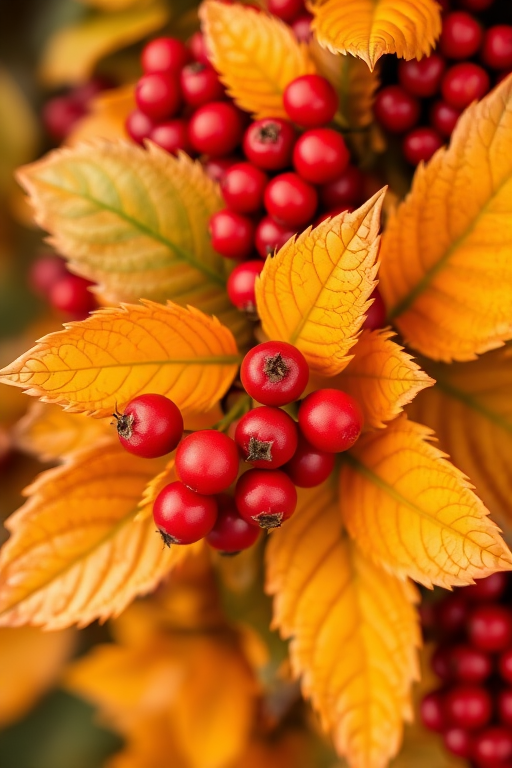 vibrant floral design with detailed leaves and berries, high-resolution, soft focus, macro lens, 50mm f/1.8, natural lighting, DSLR camera, background blurred to emphasize colors