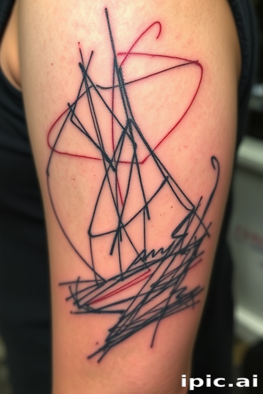 Sketch-style tattoo called "Artisan's Vision" depicting an unfinished drawing come to life, with loose, gestural lines and shading creating a dynamic effect