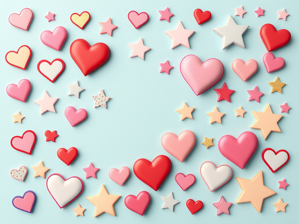Create a high-resolution vector graphic arrangement of filled and outlined hearts and stars in various colors and styles, using a 50mm lens, f/8 aperture, ISO 100, shot from a flat lay perspective to enhance clarity and detail.