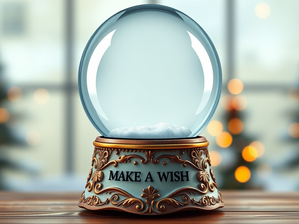 Create a detailed illustration of a wish-making snow globe with a large blank sphere at the top, an ornate base with decorative elements and the words "MAKE A WISH" in bold, centered text, captured with a DSLR camera at f/2.8, ISO 100, and a 50mm lens from a frontal view, using soft natural lighting for an inviting appearance.
