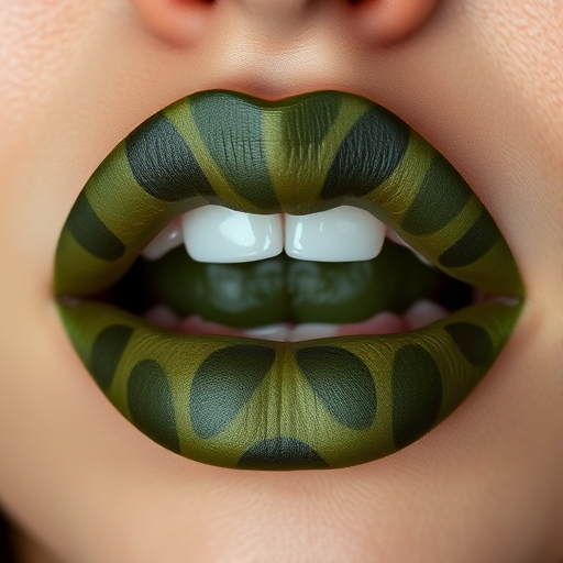Olive green lips with camouflage-inspired patterns, named "Urban Jungle," offer a unique and edgy appearance with a satin finish for streetwear fashion shoots and urban exploration