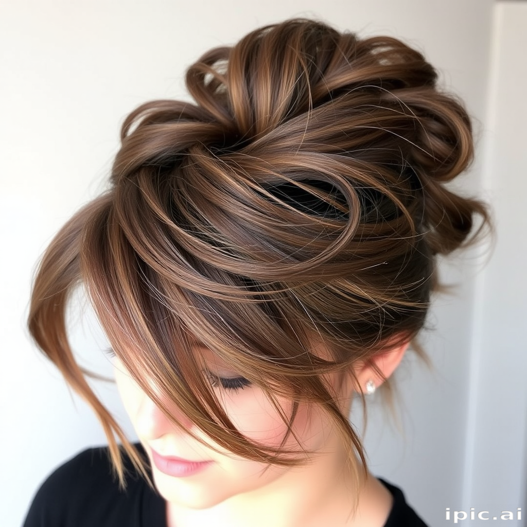 Smoky Quartz Tousle exhibits a multidimensional ash brown color with subtle grey undertones, styled in an effortlessly chic messy bun with face-framing pieces