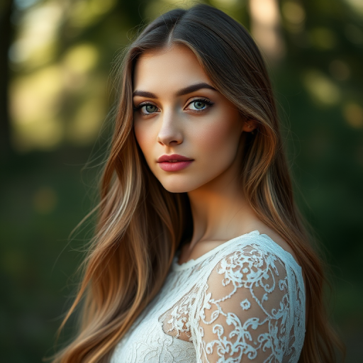 portrait of a woman with long hair, wearing a lace dress in a soft-focus natural background, shot with a Canon EOS R5, 85mm f/1.2 lens, ISO 100, aperture f/1.2, shutter speed 1/200s, natural light photography, shallow depth of field