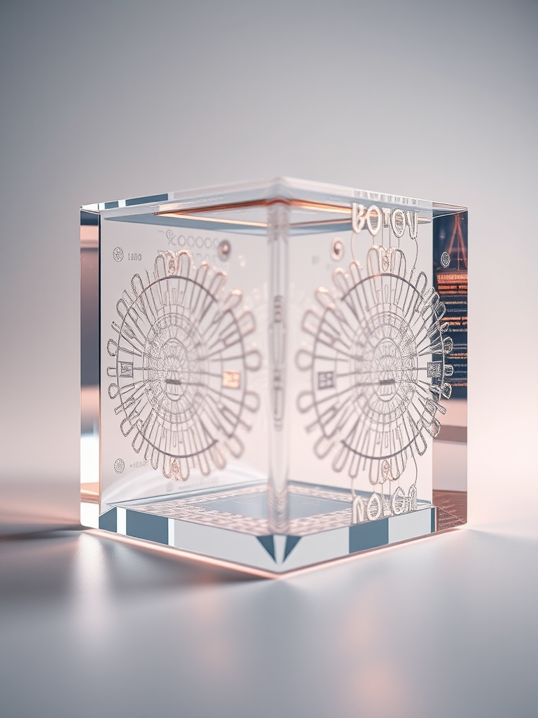 Create a hyper-realistic 3D render of a transparent cube with intricate internal designs, soft ambient lighting, set against a gradient background, captured using a Canon EOS R5, 50mm lens, f/2.8 aperture, ISO 100, 1/200 sec shutter speed, with a focus on smooth reflections and shadows to enhance depth.