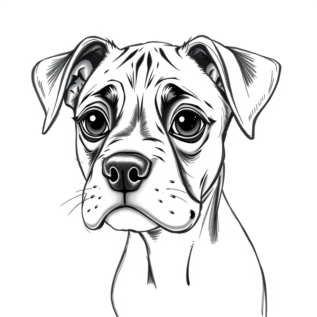 A doodle style pencil sketch illustration of a beautiful young Boxer dog, with large eyes and exaggerated facial features. White background