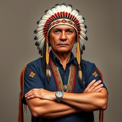 Create a dignified portrait of a Native American man dressed in traditional attire. He wears a beautifully crafted headdress adorned with white feathers and red beads, along with a beaded headband featuring intricate patterns. His clothing includes a deep blue, patterned shirt and a traditional chest piece with detailed beadwork. His arms are crossed, displaying leather armbands decorated with feathers. The background is simple and neutral, emphasizing his proud and stoic expression. The overall image captures the rich cultural heritage and strength of his persona.