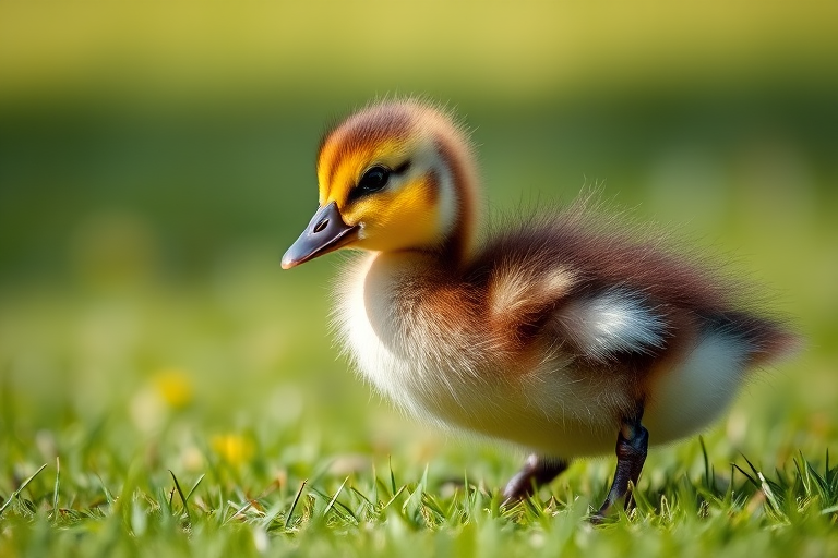 A fluffy duckling walking on green grass, close-up view, soft background blur, natural lighting, Canon EF 100mm f/2.8L Macro IS USM lens, f/2.8 aperture, ISO 400, shutter speed 1/1000s, portrait orientation.