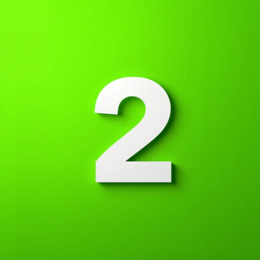 Create a high-resolution image of a large white number two on a vibrant green square background, using a DSLR camera with a 50mm lens, f/1.8 aperture, ISO 100, and a slight vignette effect for emphasis.