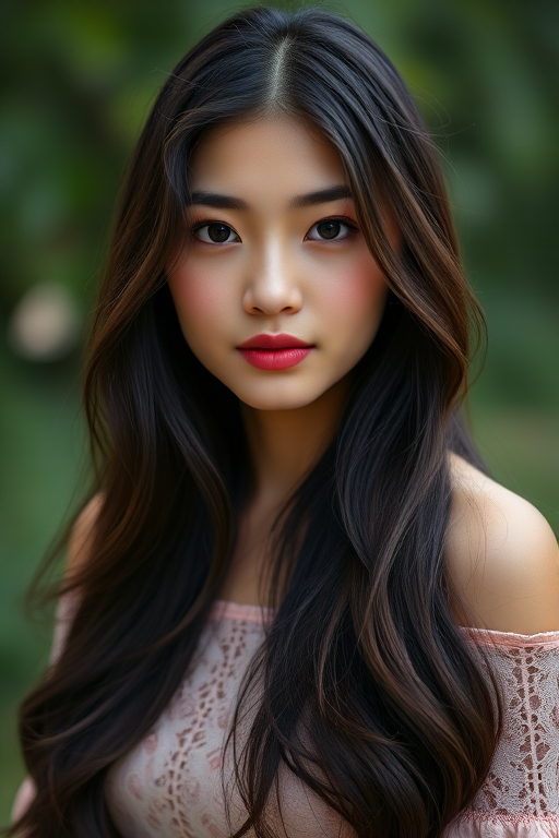 portrait of a young woman with long dark hair wearing an off-shoulder lace top, soft lighting, focus on facial features and hair texture, camera settings: f/1.8, ISO 100, 85mm lens, camera type: DSLR, camera view: eye level, natural background blur for depth.