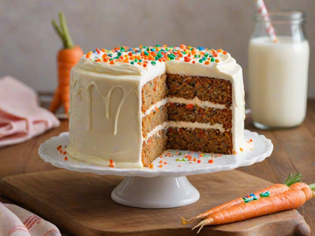 Create an image of a three-layer carrot cake with cream cheese frosting. The cake should have visible layers of moist carrot cake and be decorated with colorful sprinkles and small fondant carrots on top. Include a slice of the cake on a wooden board, with a glass of milk in the background. The setting should be warm and inviting, with a soft-focus background.