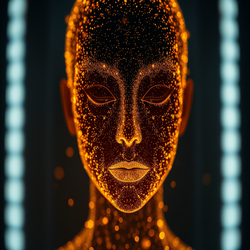 Create an image of a glowing, abstract humanoid face made of shimmering gold particles and light, shot with a Canon EOS R5, 50mm lens, aperture f/1.8, ISO 100, in a dark environment with a soft focus background and high dynamic range.