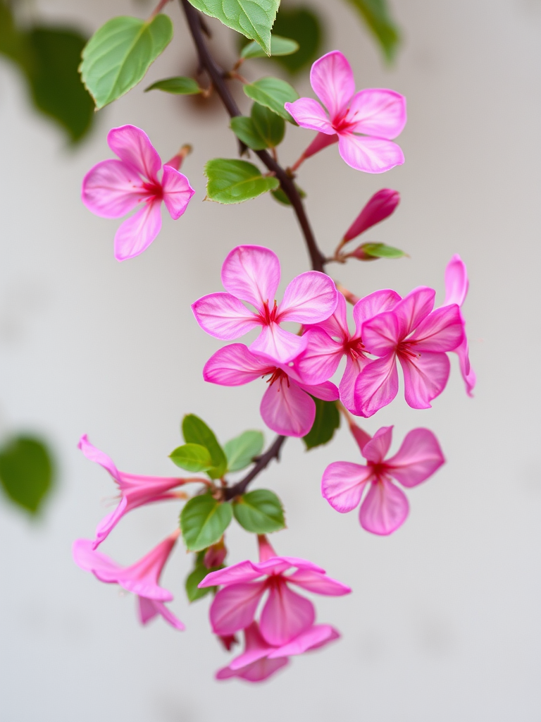 Create a high-resolution image of pink flowers with green leaves entwined on a brown vine, captured using a DSLR camera with a 50mm lens at f/1.8 aperture, in natural light, with a soft focus background for enhanced depth and vibrancy.