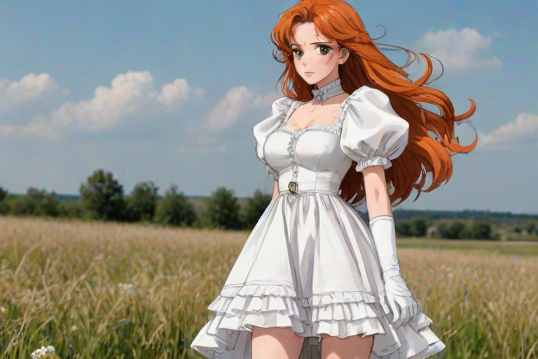 sketch, 1girl, solo, long hair, curly hair, wavy hair, orange hair, orange eyes, looking at viewer, breasts, dress, white dress, puffy sleeves, puffy short sleeves, short sleeves, gloves, elbow gloves, white gloves, cowboy shot, closed mouth, standing, outdoors, field, flower, grass, plant, sky