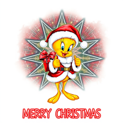 Merry Christmas” cosmic star art tweety bird wearing a Christmas hat and Santa jacket holding gift with a big bow tweety bird is extremely detailed and vibrant behind her is star cosmic design on white background that’s all Christmas colors red green white the words “MERRY CHRISTMAS” is written at the bottom in red electric font outline in black 3000dpi 32k