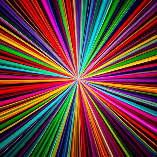 Create a vibrant burst of multicolored lines radiating from the center, using a high-resolution digital camera with a wide-angle lens, f/8 aperture, ISO 100, and a shutter speed of 1/250 seconds, at a 45-degree angle.