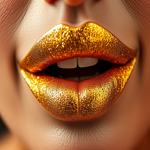Glittery gold woman lips with high-shine topcoat, perfect for festive occasions and glamorous events