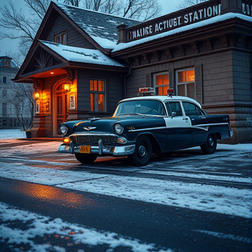 Create a highly detailed scene of a vintage police car parked outside an old station with snow on the ground and soft evening lighting, using a DSLR camera at f/2.8, ISO 100, 50mm lens, low angle view, and HDR imaging for enhanced depth and color.