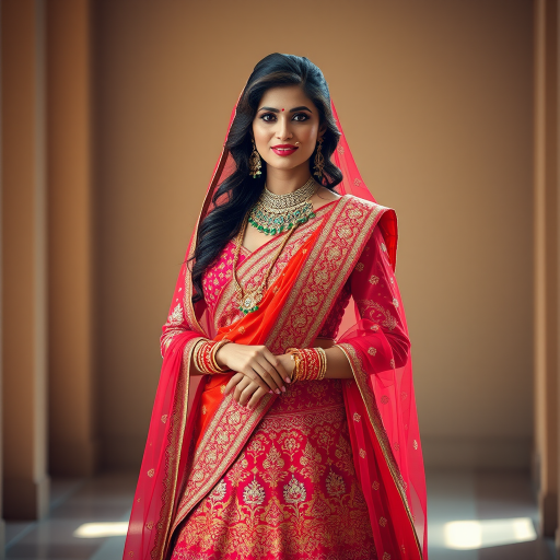 Regenerate the image of a woman wearing a traditional Indian lehenga with intricate patterns, displaying vibrant colors and a matching dupatta, in soft natural lighting, camera settings: ISO 100, aperture f/2.8, shutter speed 1/125 sec, camera view: full body shot, camera style: portrait photography, camera type: DSLR.
