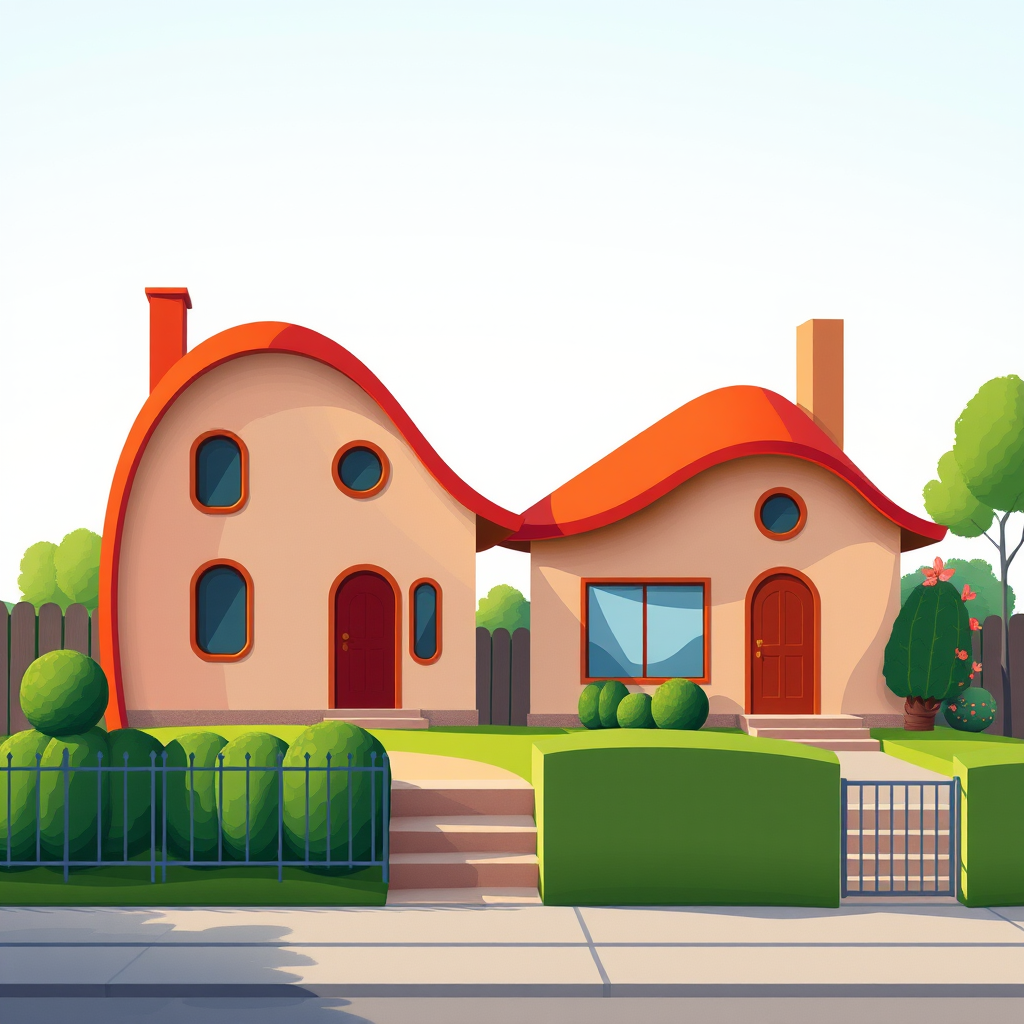 Generate a colorful illustration of two stylized houses with curved shapes and different roof colors, using a digital art style, captured at a 50mm focal length, aperture f/8, with soft lighting, in a high-resolution output for clarity.