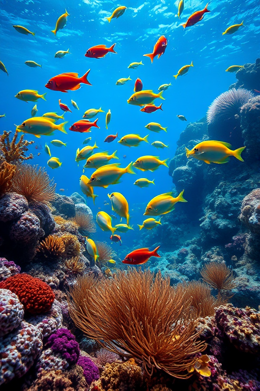 Create a vibrant underwater scene featuring colorful fish swimming among bright coral reefs and sea plants, captured with a Canon EOS R5, 35mm lens, f/2.8 aperture, ISO 200, and a shallow depth of field for enhanced detail and color saturation.