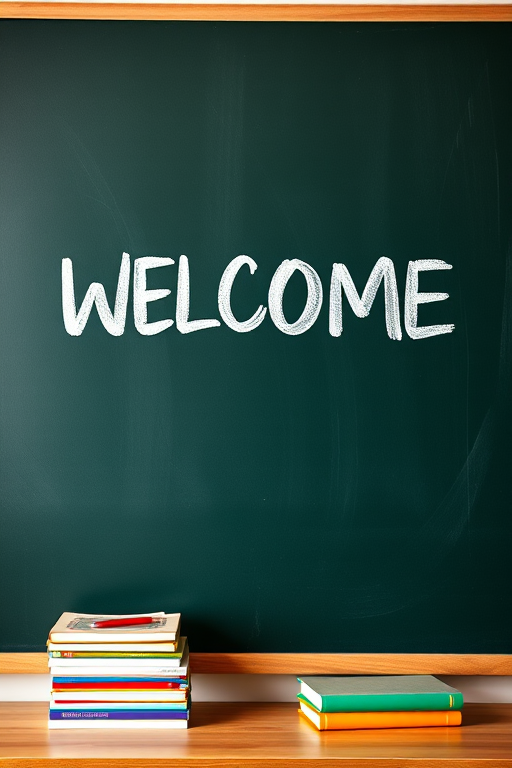 Create an image of a classroom blackboard with the word "WELCOME" written in bold, friendly letters, alongside a stack of colorful books on a wooden desk, shot with a DSLR camera at f/2.8 aperture, ISO 100, 50mm lens, in natural light for a bright and inviting atmosphere.