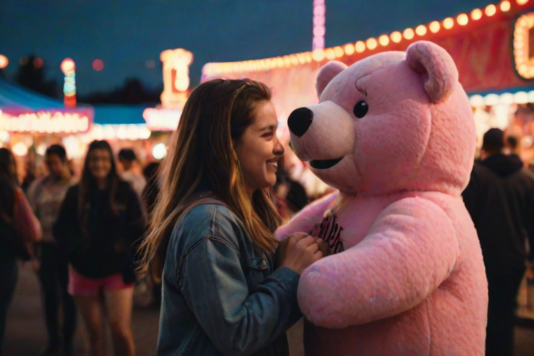 Blurry, dimly lit photo, outdoor carnival scene, young couple standing close, she's holding a large stuffed bear, he's mid-laugh, string lights from carnival rides twinkling behind them, cotton candy vendor in the distance, soft neon glow from the rides casting a pink hue over them, people milling around in the background.