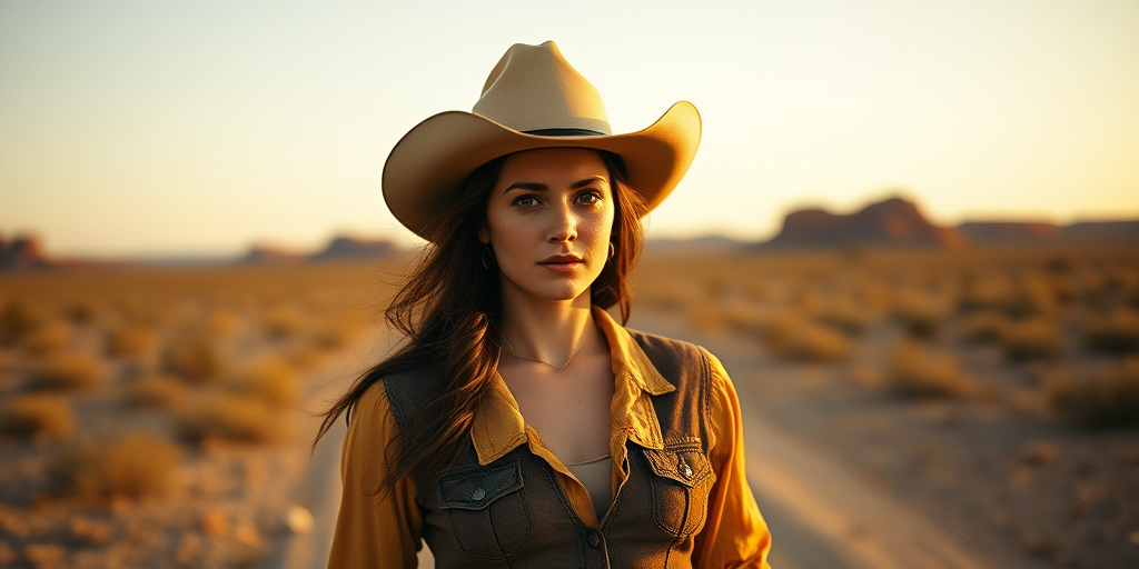 Dramatic photo of a beautiful Georgian woman, classic cowboy attire, confident and free spirit expression, half-length portrait, centered, golden hour desert landscape, warm, diffused light, low angle, medium format film camera, in style of Annie Leibovitz.