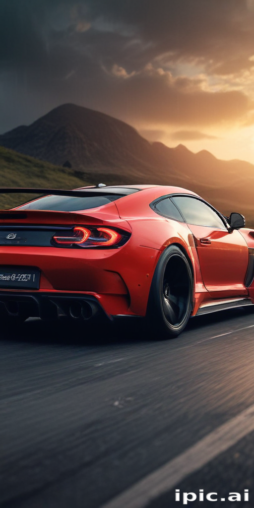 Stunning Red Sports Car Driving Along a Scenic Mountain Road at Sunset