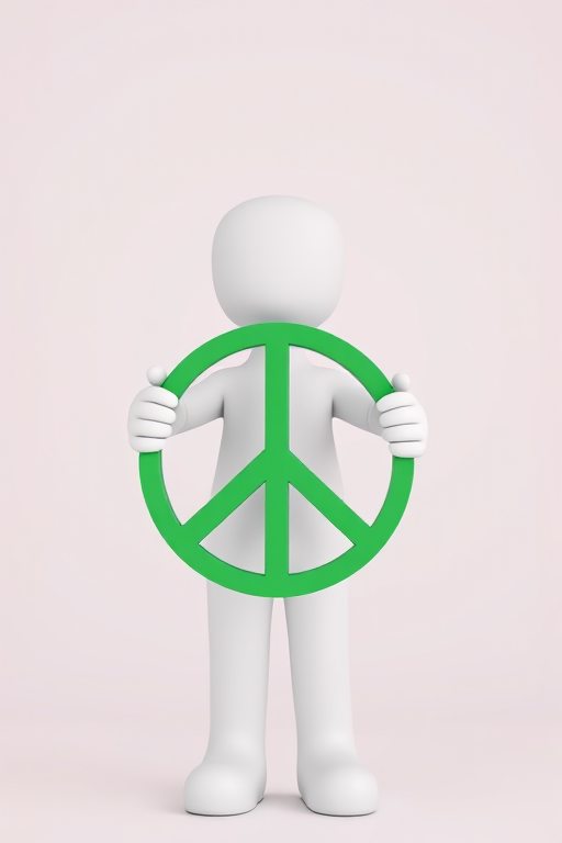 Create a 3D-rendered image of a stylized white human figure holding a large green peace symbol in front of them, set against a simple, soft-focus background, using a Canon EOS R camera with a 50mm f/1.8 lens, ISO 100, aperture at f/2.8, and shutter speed 1/200s, focused on lighting the peace symbol to enhance its vibrancy.