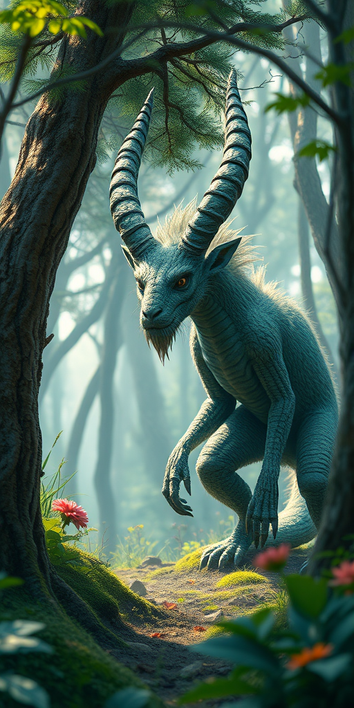 Create a highly detailed illustration of a mythical creature in a fantasy forest, using a DSLR camera with a 50mm f/1.8 lens, ISO 100, aperture f/2.8, and a shallow depth of field, captured in natural light to enhance colors and textures.