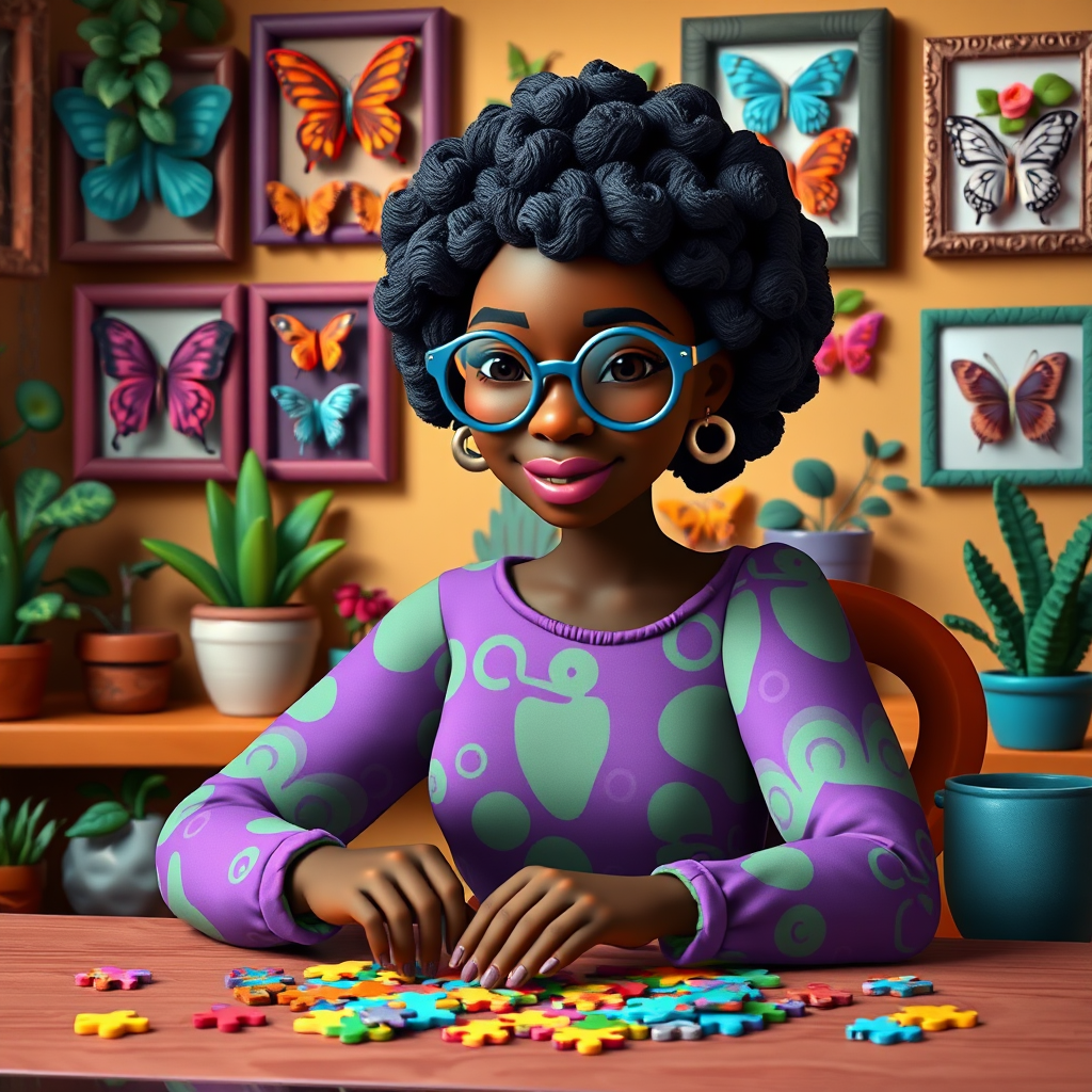 A vibrant and whimsical illustration of an african american woman sitting at a table working on a colorful jigsaw puzzle. she is wearing round glasses, and patterned clothing in shades of purple and green.  The background features an eclectic collection of framed butterflies, potted plants, and other natural elements, creating a warm and inviting atmosphere. The style is playful and modern, with rich textures, intricate details, and a lively color palette.