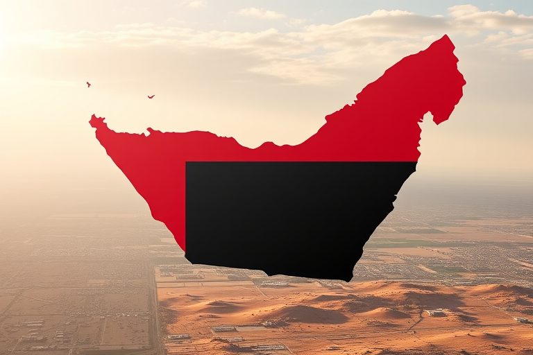 Create a high-resolution image of the United Arab Emirates map with the national flag colors integrated, capture with a DSLR camera at f/8 aperture, ISO 100, 24mm lens, and a landscape view for enhanced clarity and detail.