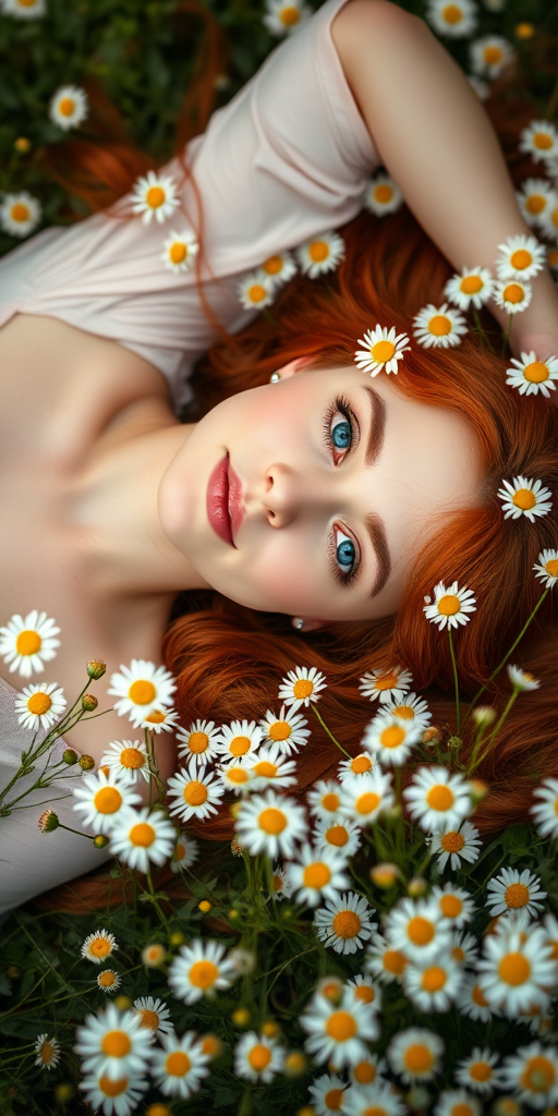 portrait of a young woman with red hair lying in a field of daisies, soft focus, natural light, 50mm lens, f/1.8 aperture, ISO 200, overhead view, shallow depth of field, photography style: dreamy, camera type: DSLR
