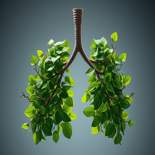 Create a highly detailed 3D rendering of a pair of lungs made of lush green leaves and branches, using a Canon EOS R5 with a 50mm lens, aperture f/1.8, ISO 100, soft focused background and dramatic lighting to enhance the textures and depth.