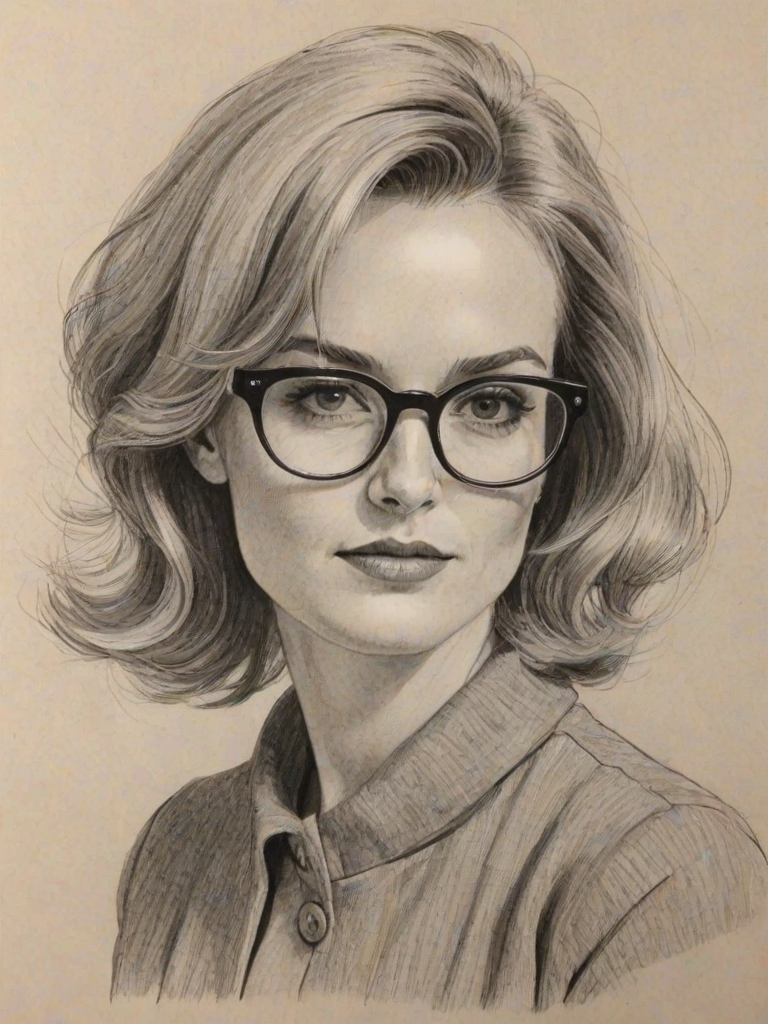 Fascinating Kerry Bishe, pencil sketch, portrait of Bewitching woman 1961s in glasses, hair style beatnik, outline, clear lines, fine lines, 8k