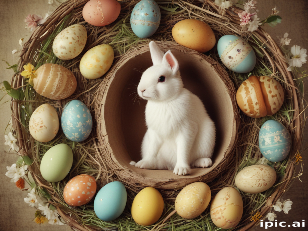 Charming White Rabbit Surrounded by Colorful Easter Eggs in Nest