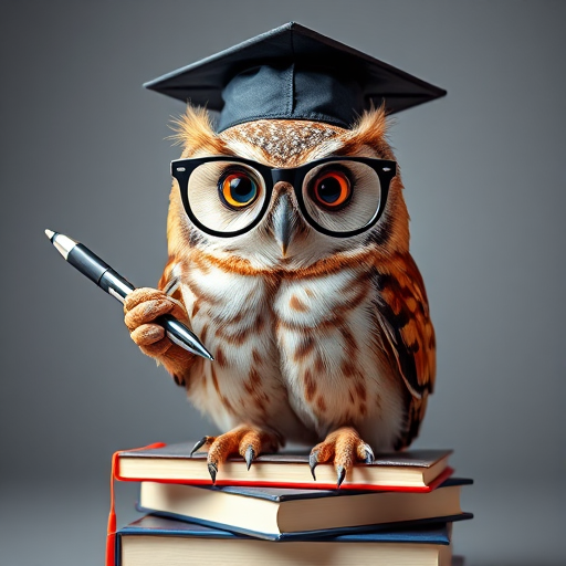 an adorable owl wearing a graduation cap and glasses, holding a pen while standing on a stack of books, bright and colorful, studio lighting, close-up view, DSLR camera, aperture f/2.8, ISO 100, 50mm lens, high resolution