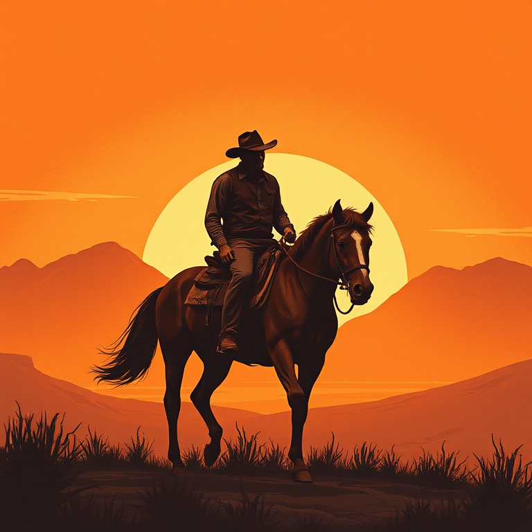 Create a vintage cowboy illustration of a lone cowboy riding a horse against a sunset background with mountains, using a DSLR camera at f/2.8 aperture, 50mm lens, ISO 100, and a warm color filter for enhanced image quality.
