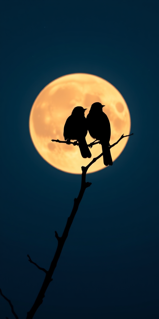 Create a silhouette of two birds perched on a branch against a large, glowing full moon, nighttime setting with a gradient blue background and subtle stars in the sky, captured with a DSLR camera, aperture f/2.8, ISO 100, 50mm lens, portrait orientation for a soft bokeh effect.